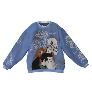 B0 Auth VERYRARE Yokai Kabuki Jacquard Blue Crewneck Sweatshirt Sweater Sz XL